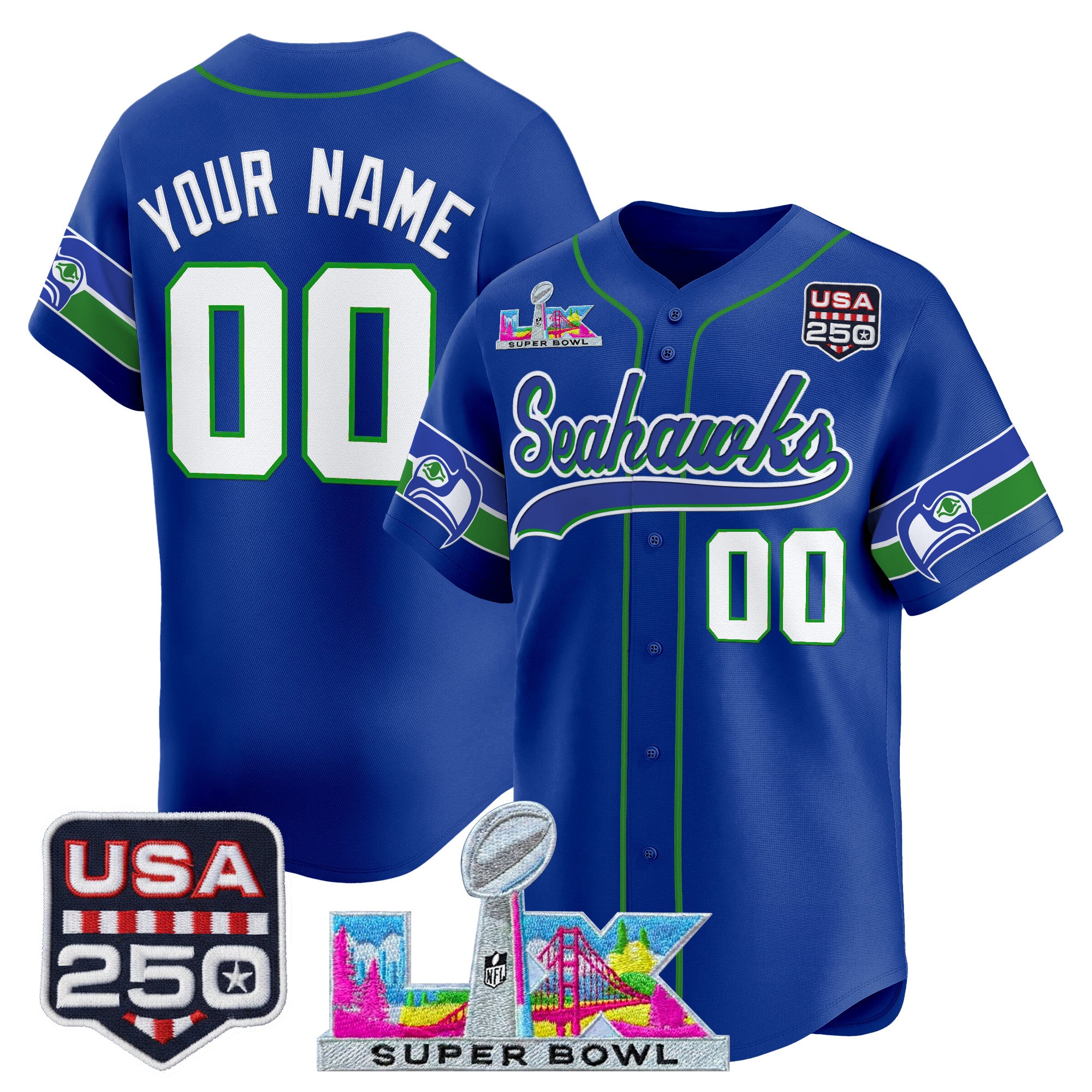 Seattle Seahawks "Super Bowl LX & 250America Patch" Vapor Baseball Custom Jersey - All Stitched