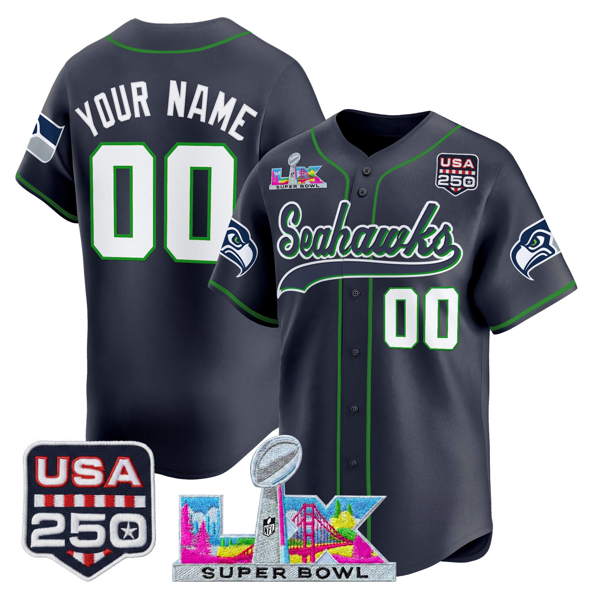 Seattle Seahawks "Super Bowl LX & 250America Patch" Vapor Baseball Custom Jersey - All Stitched