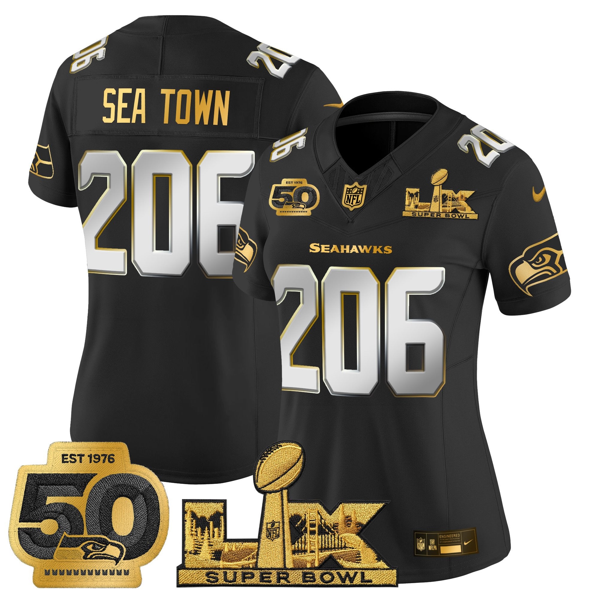 Women's Seattle Seahawks "Super Bowl LX & 50th Patch" Gold Vapor Limited Jersey - All Stitched
