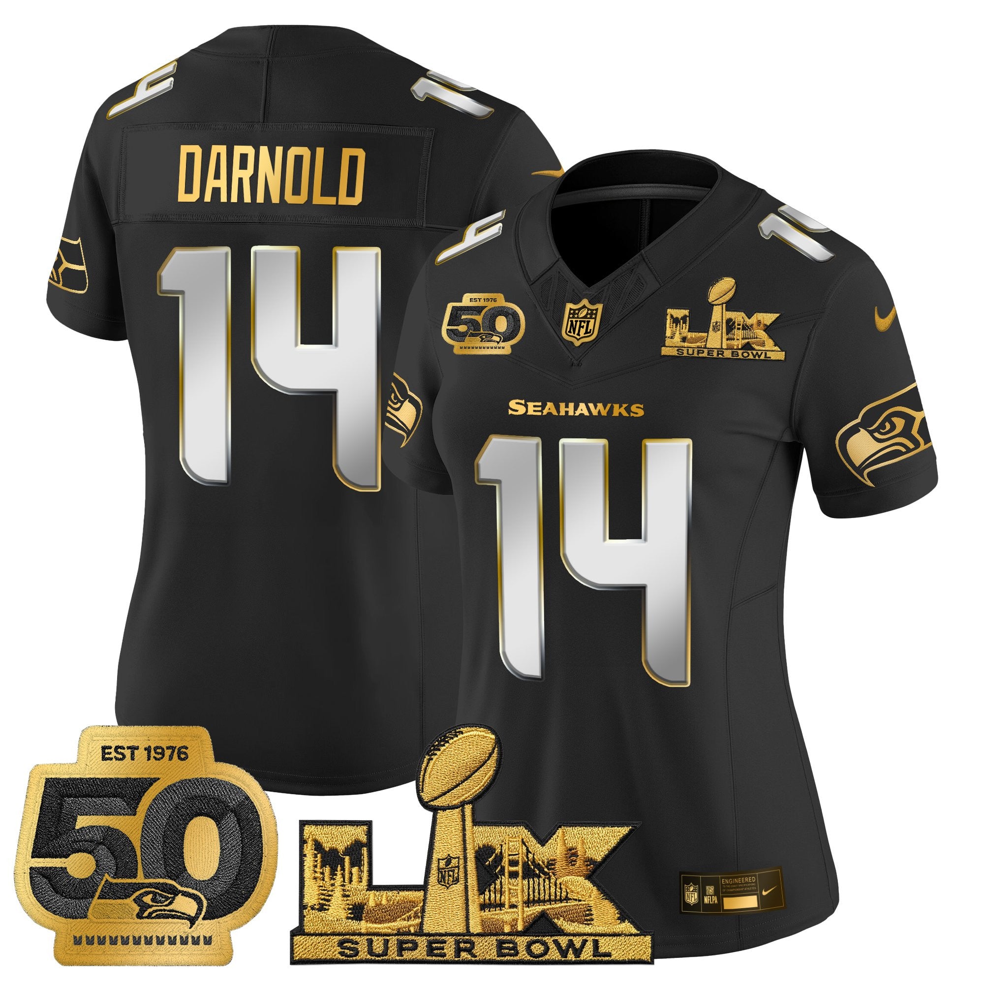Women's Seattle Seahawks "Super Bowl LX & 50th Patch" Gold Vapor Limited Jersey - All Stitched