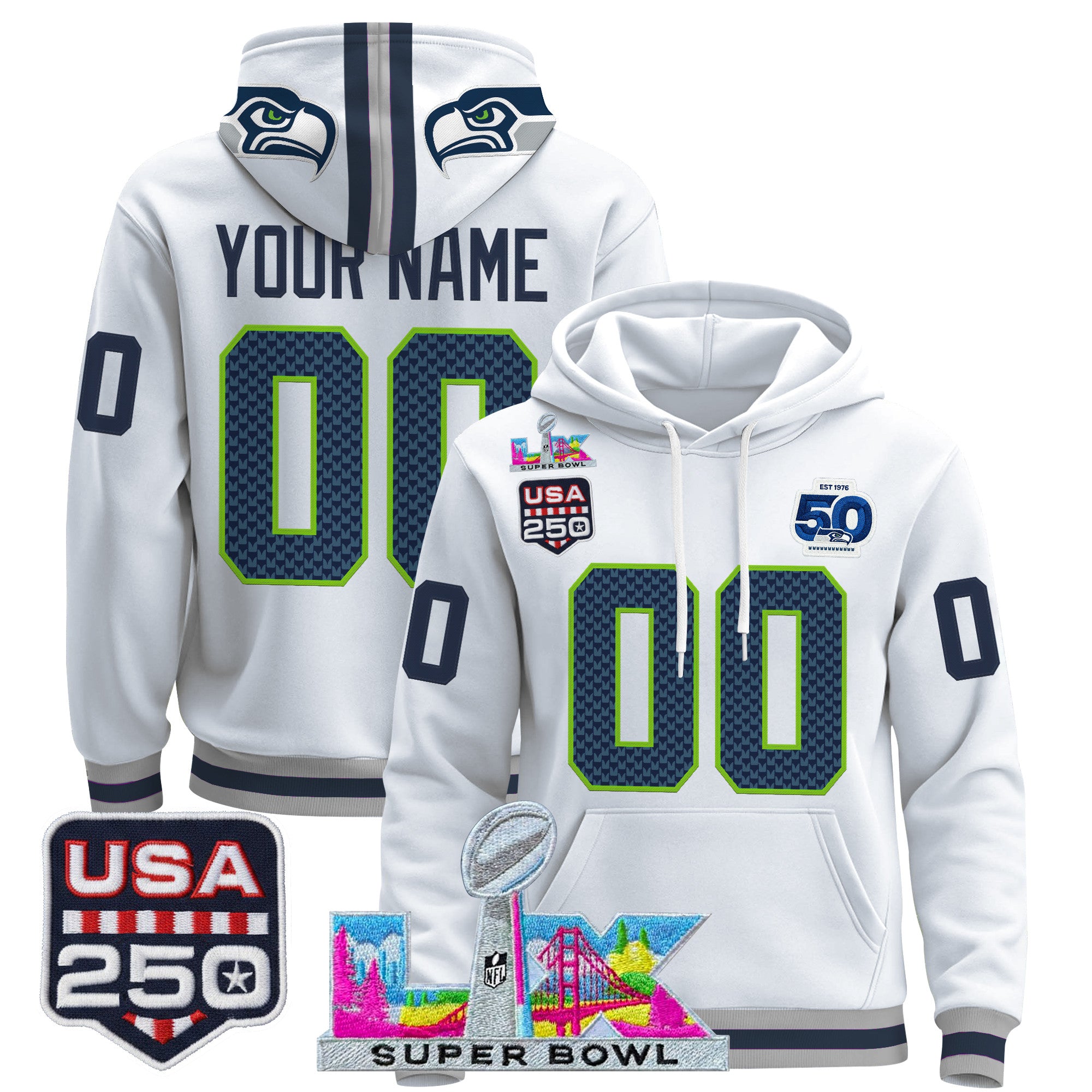 Seattle Seahawks "Super Bowl LX & United States 250th Anniversary Patch" Premier Custom Hoodie - All Stitched