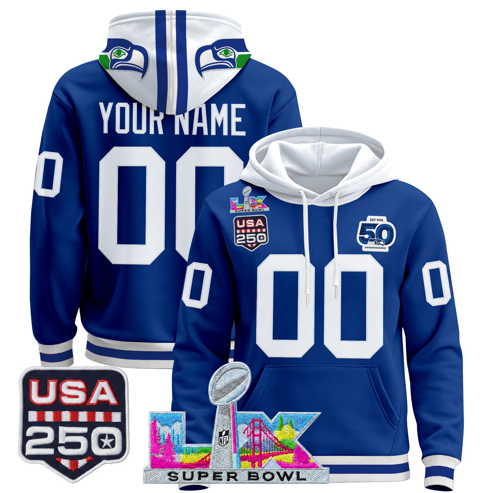 Seattle Seahawks "Super Bowl LX & United States 250th Anniversary Patch" Premier Custom Hoodie - All Stitched