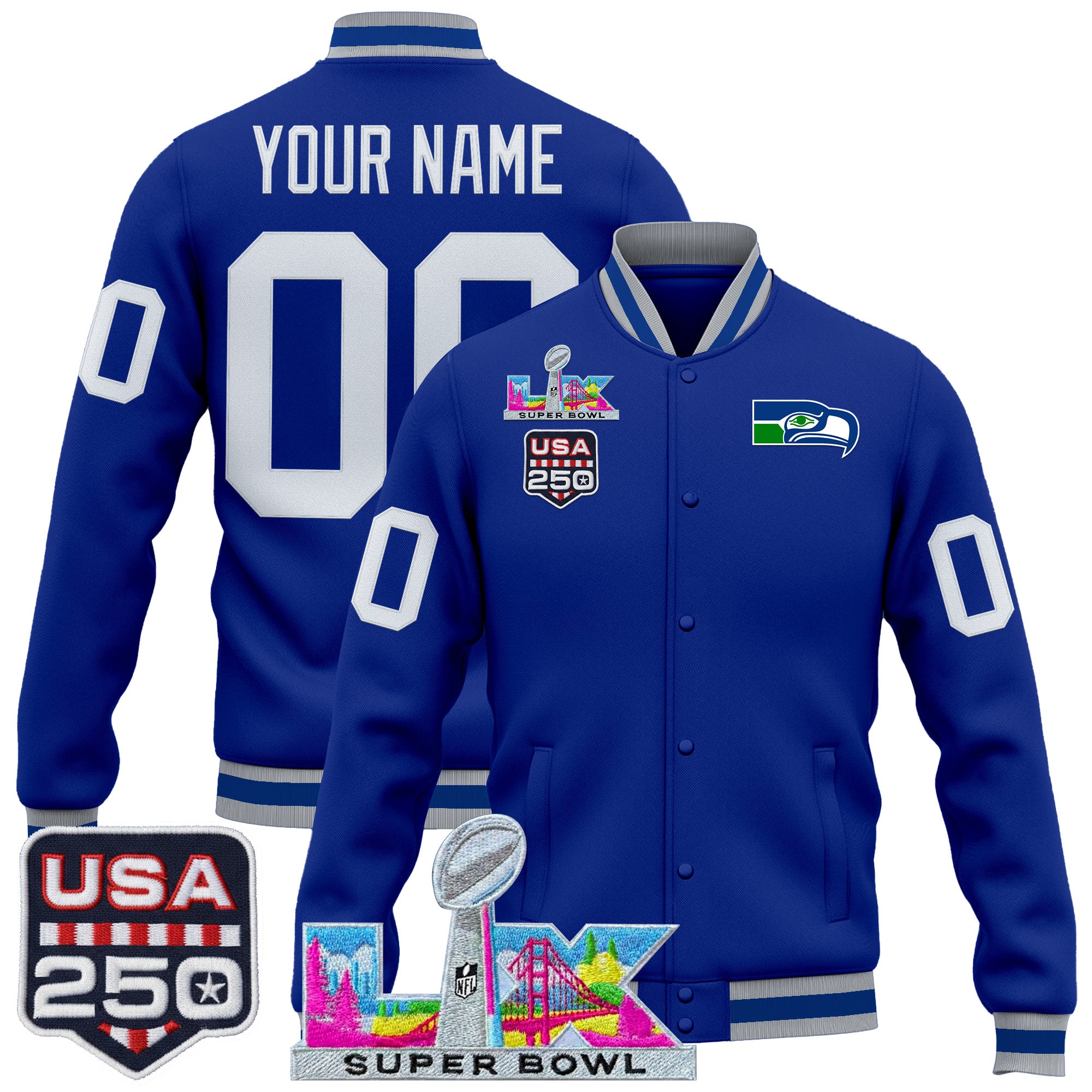 Seattle Seahawks "Super Bowl LX & United States 250th Anniversary Patch" Custom Jacket- All Stitched