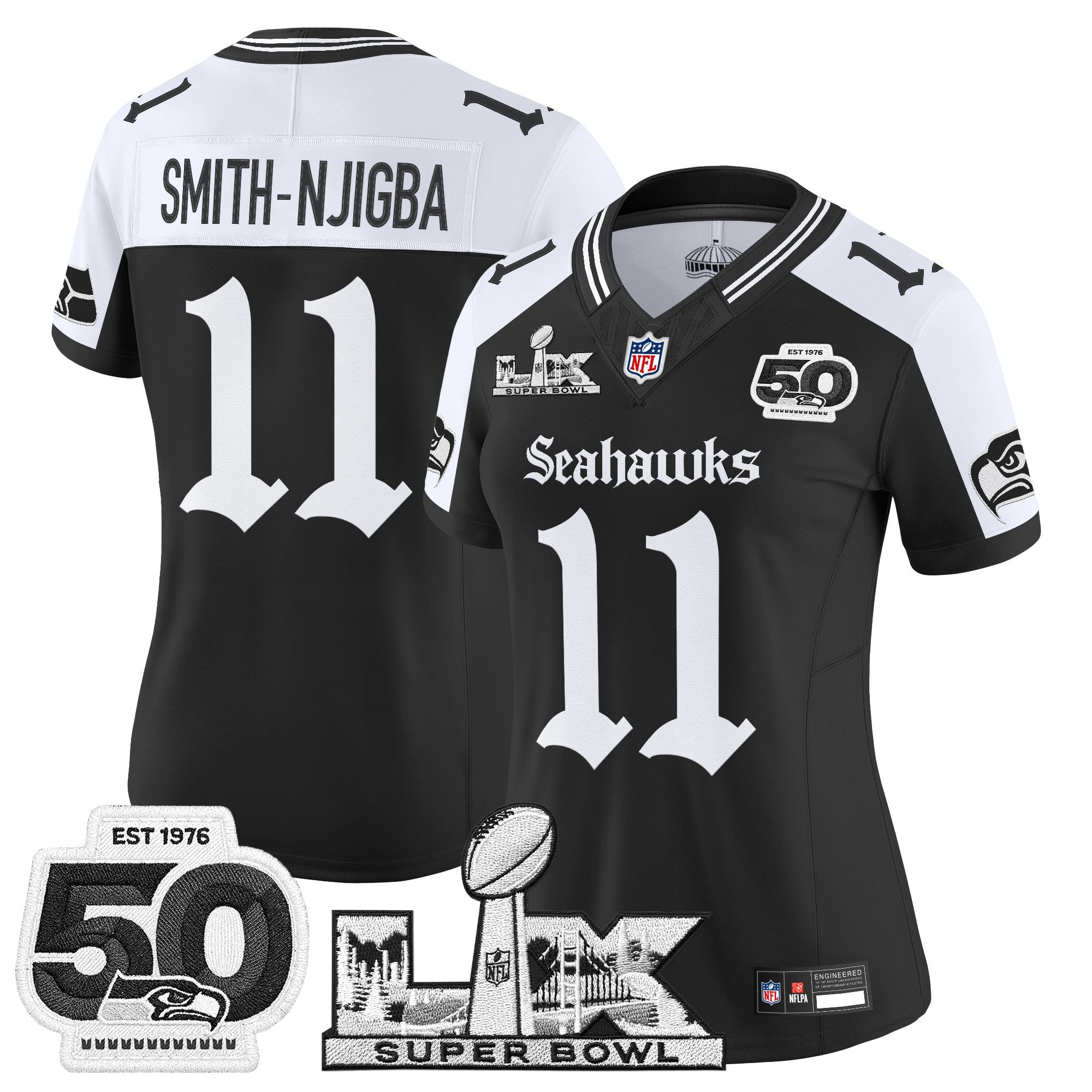 Women's Seattle Seahawks "Super Bowl LX & 50th Patch" Vapor Limited Jersey - Gothic Edition - All Stitched