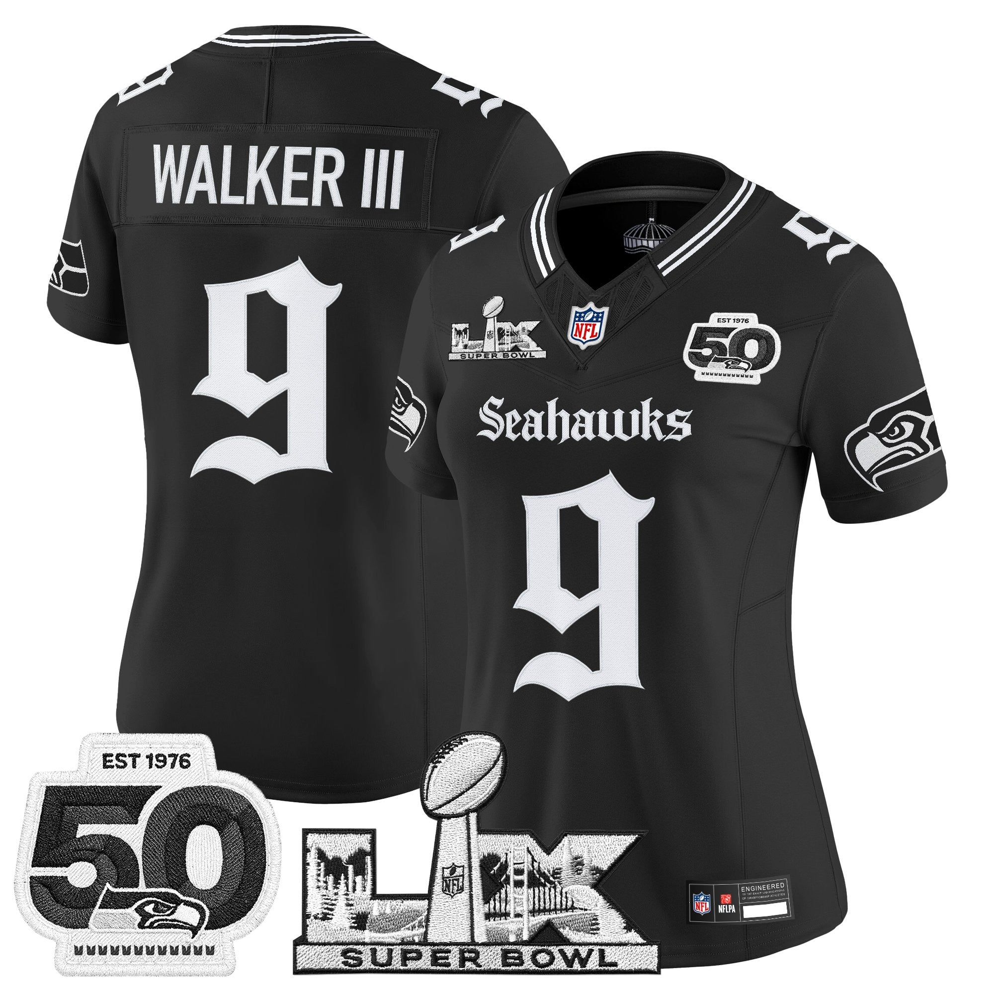 Women's Seattle Seahawks "Super Bowl LX & 50th Patch" Vapor Limited Jersey - Gothic Edition - All Stitched