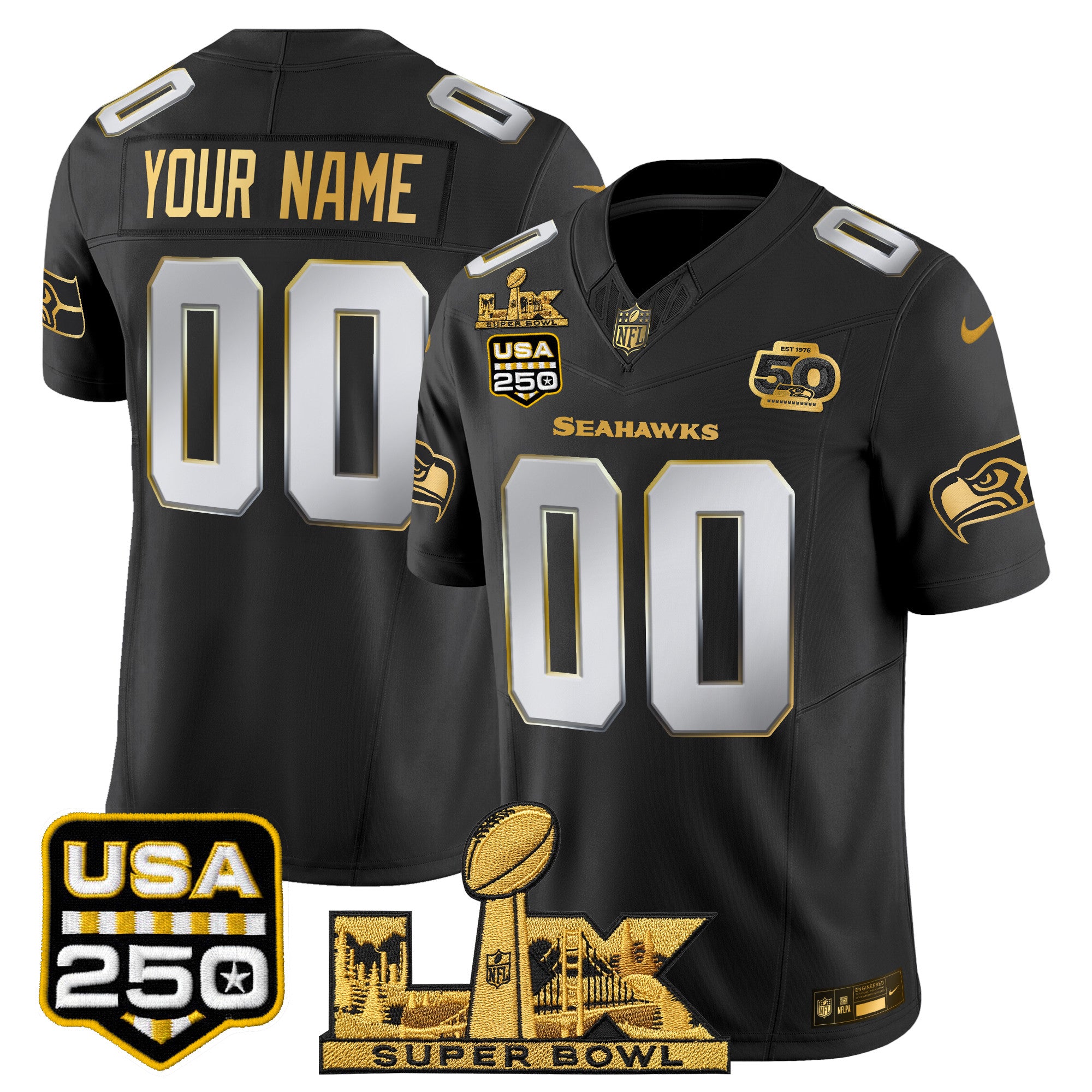 Seattle Seahawks "Super Bowl LX & United States 250th Anniversary Patch" Gold Vapor Limited Custom Jersey - All Stitched