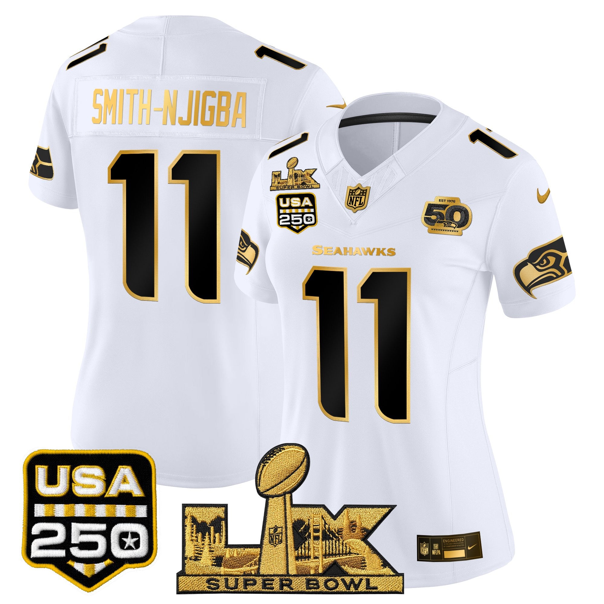 Women's Seattle Seahawks "Super Bowl LX & United States 250th Anniversary Patch" Gold Vapor Limited Jersey - All Stitched