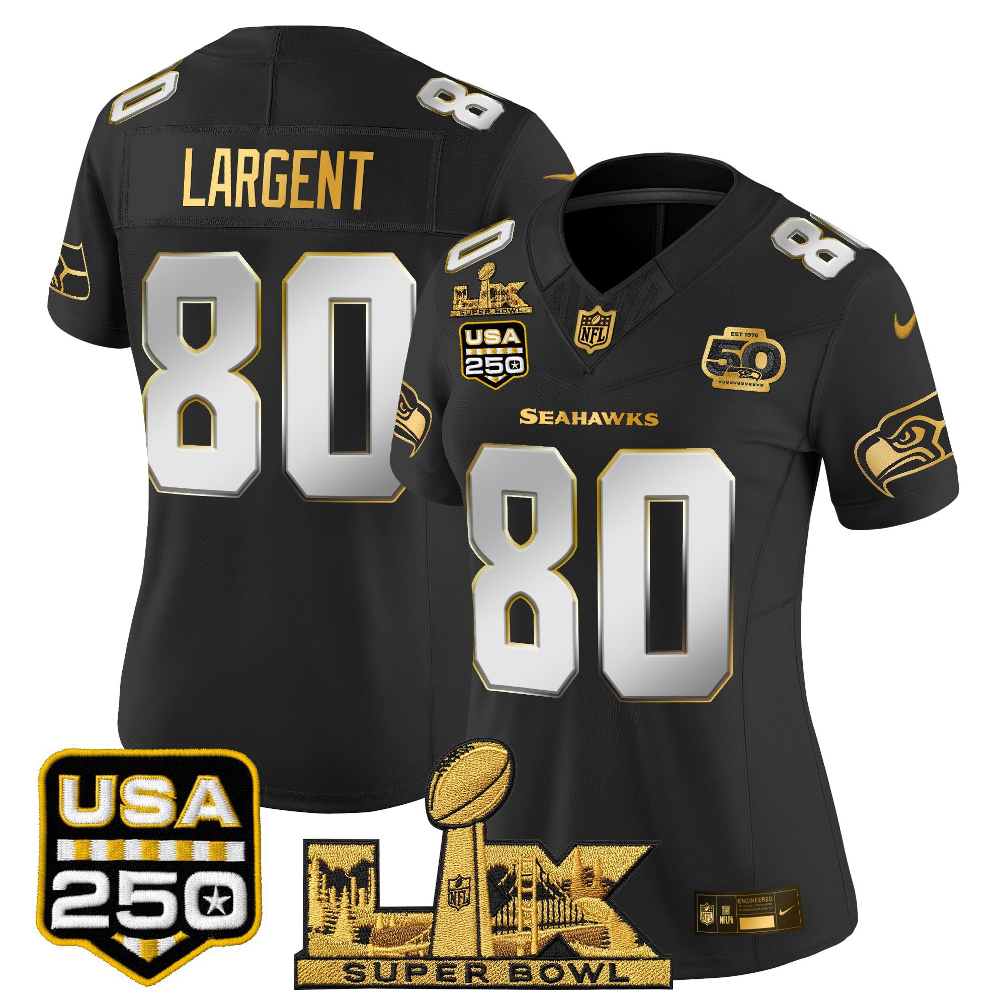 Women's Seattle Seahawks "Super Bowl LX & United States 250th Anniversary Patch" Gold Vapor Limited Jersey - All Stitched