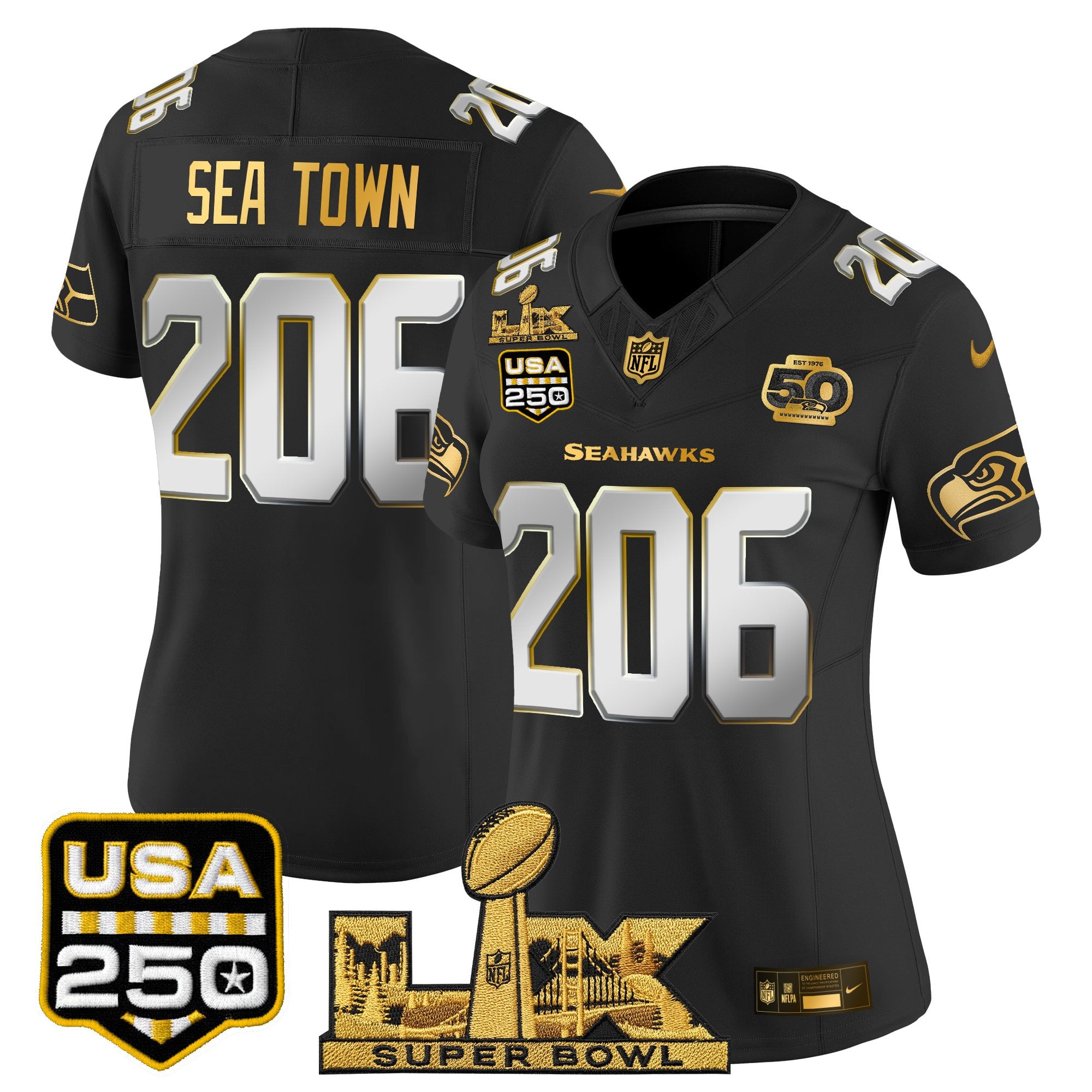Women's Seattle Seahawks "Super Bowl LX & United States 250th Anniversary Patch" Gold Vapor Limited Jersey - All Stitched