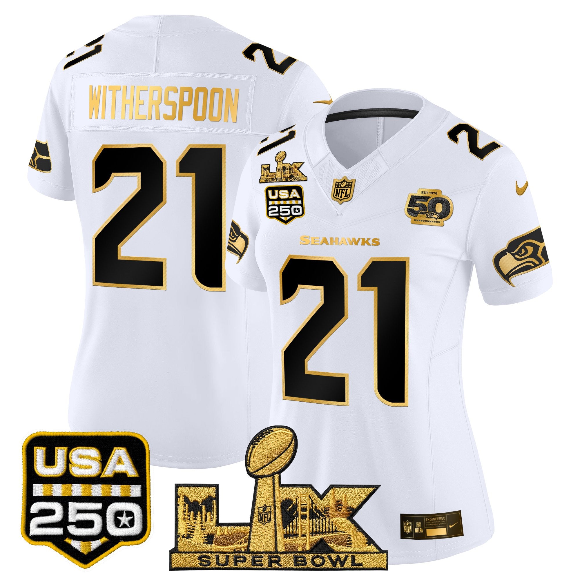 Women's Seattle Seahawks "Super Bowl LX & United States 250th Anniversary Patch" Gold Vapor Limited Jersey - All Stitched
