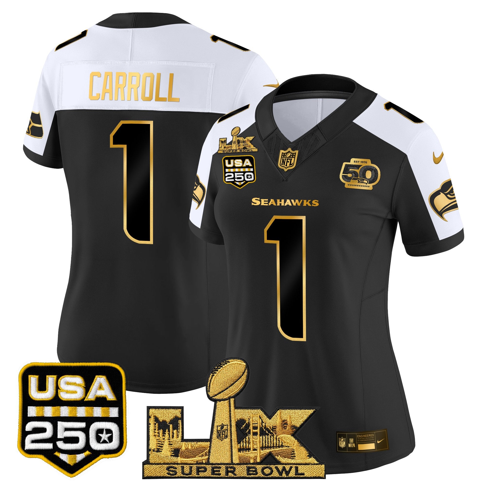 Women's Seattle Seahawks "Super Bowl LX & United States 250th Anniversary Patch" Gold Vapor Limited Jersey - All Stitched