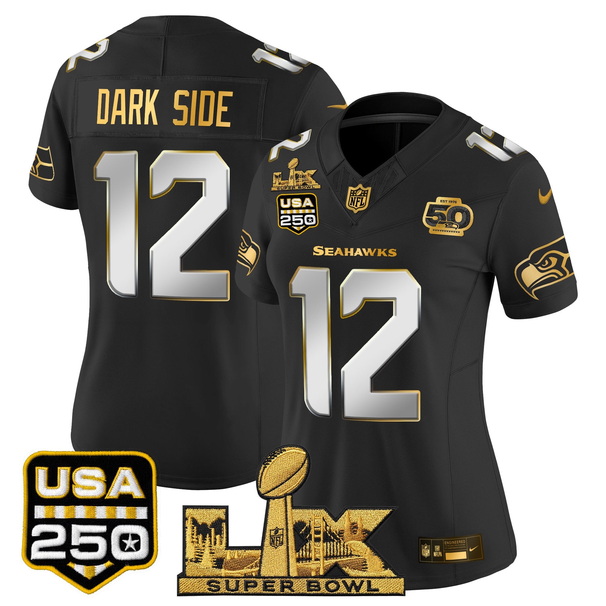 Women's Seattle Seahawks "Super Bowl LX & United States 250th Anniversary Patch" Gold Vapor Limited Jersey - All Stitched
