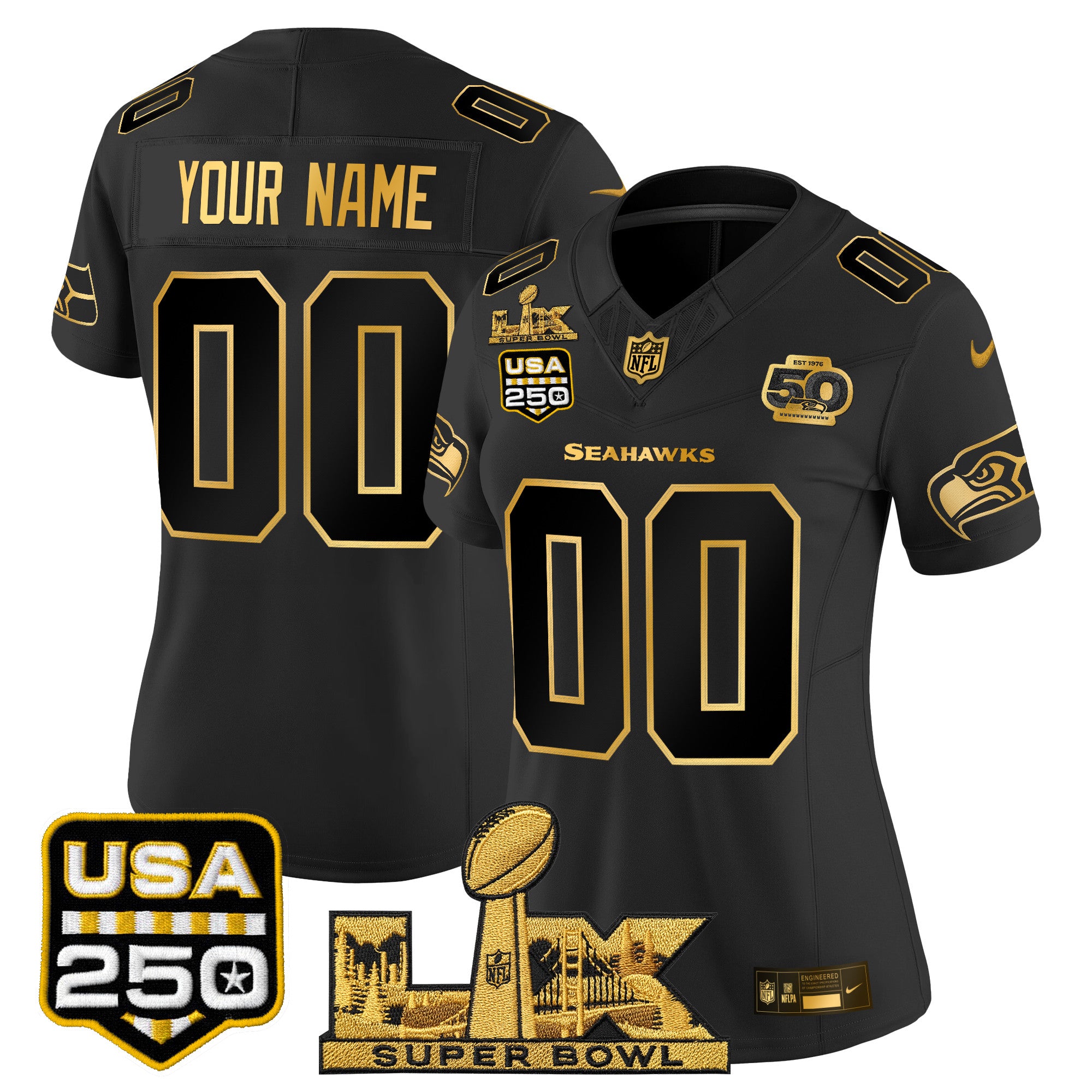 Seattle Seahawks "Super Bowl LX & United States 250th Anniversary Patch" Gold Vapor Limited Custom Jersey - All Stitched