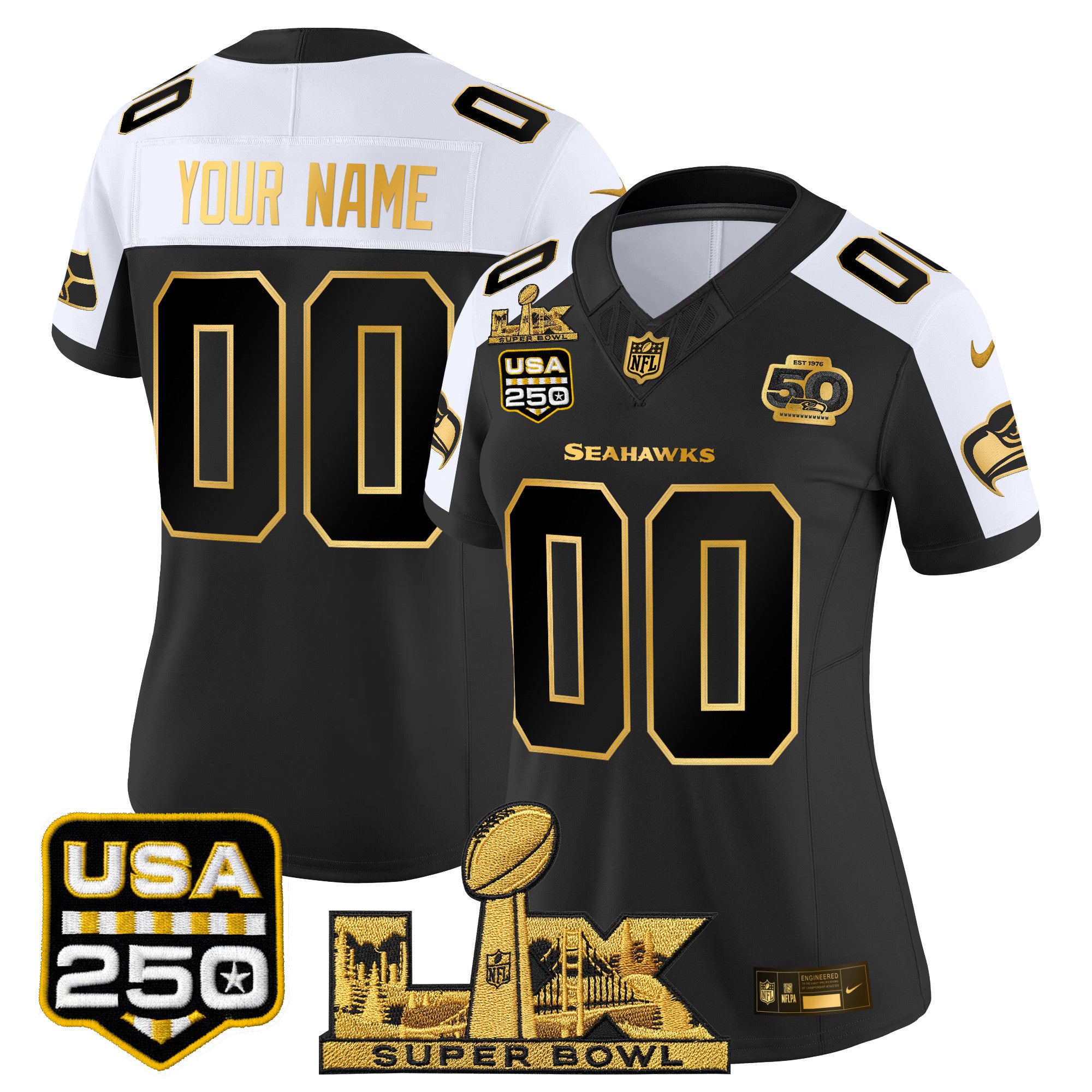 Seattle Seahawks "Super Bowl LX & United States 250th Anniversary Patch" Gold Vapor Limited Custom Jersey - All Stitched