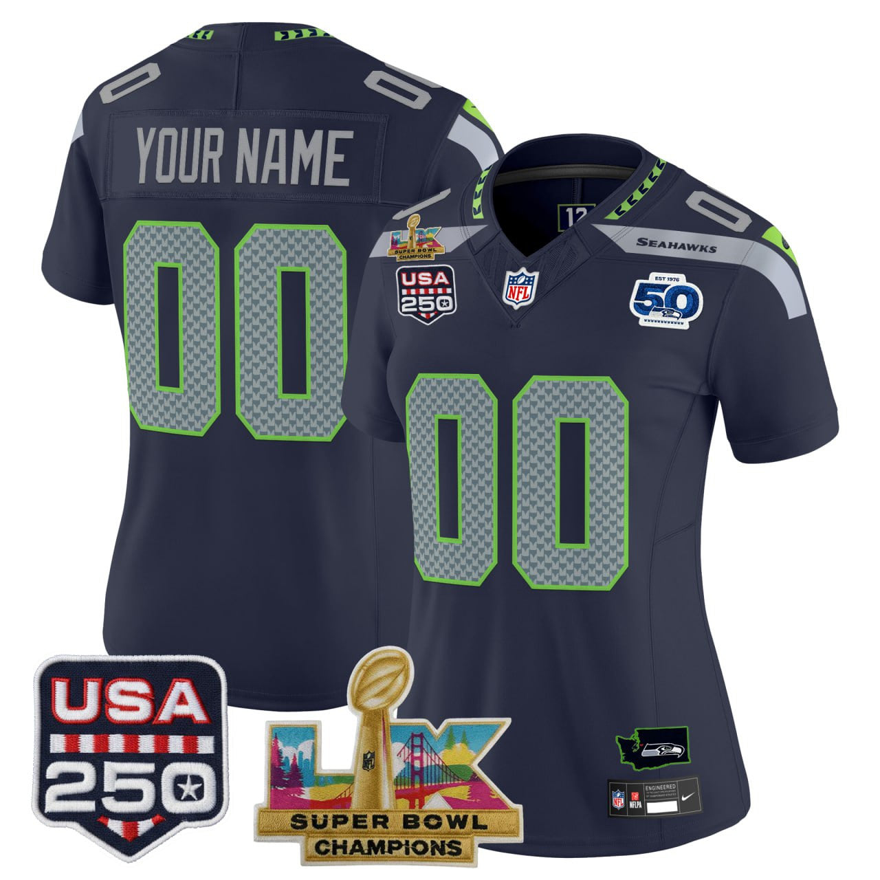 Seattle Seahawks "Super Bowl LX Champions & United States 250th Anniversary Patch" Limited Custom Jersey - All Stitched