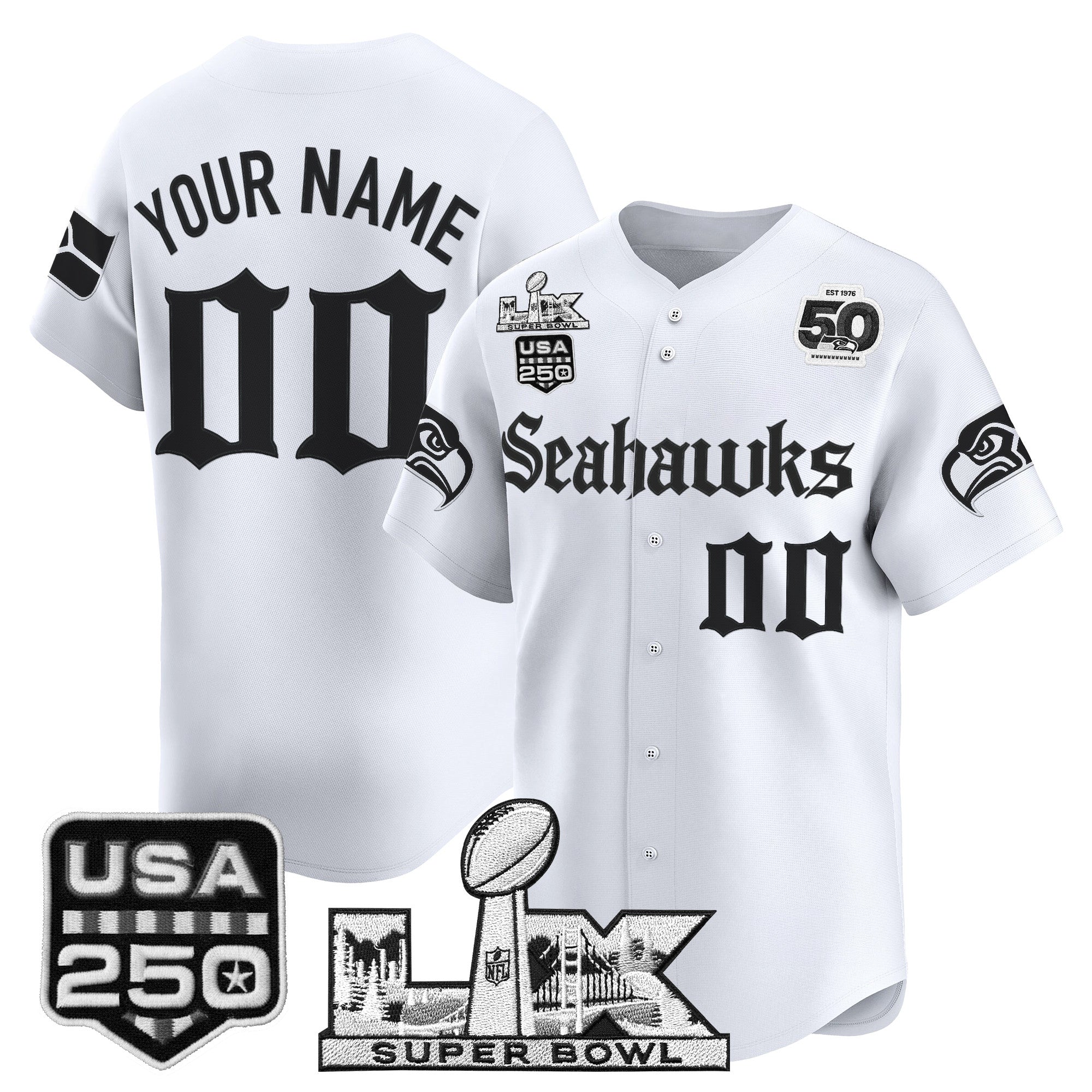 Seattle Seahawks “Super Bowl LX & 50th Patch” Vapor Baseball Custom Jersey - Gothic Edition - All Stitched