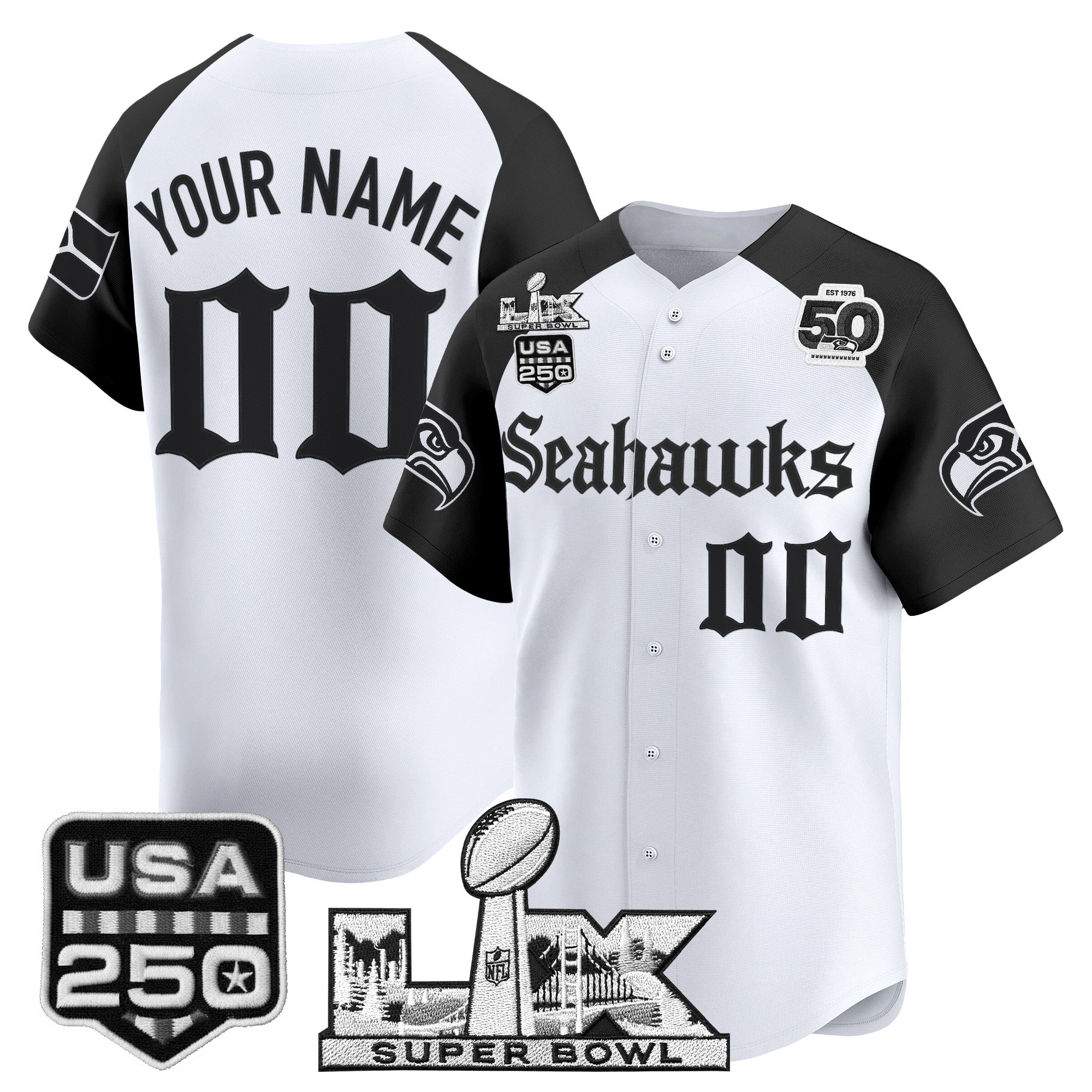 Seattle Seahawks “Super Bowl LX & 50th Patch” Vapor Baseball Custom Jersey - Gothic Edition - All Stitched