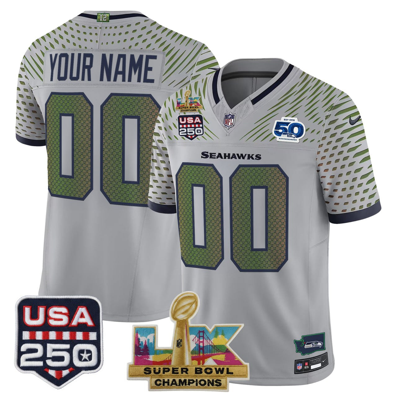 Seattle Seahawks "Super Bowl LX Champions & United States 250th Anniversary Patch" Custom Jersey - All Stitched