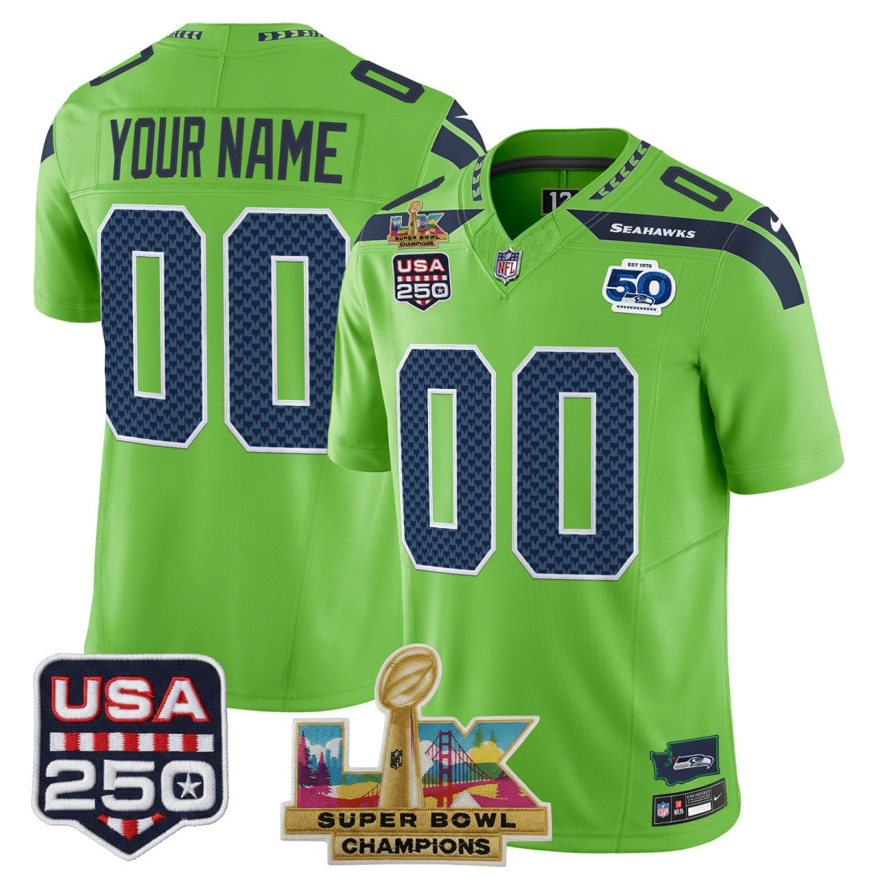Seattle Seahawks "Super Bowl LX Champions & United States 250th Anniversary Patch" Custom Jersey - All Stitched
