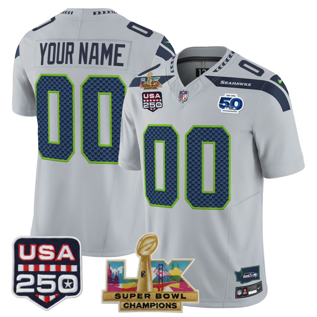 Seattle Seahawks "Super Bowl LX Champions & United States 250th Anniversary Patch" Custom Jersey - All Stitched