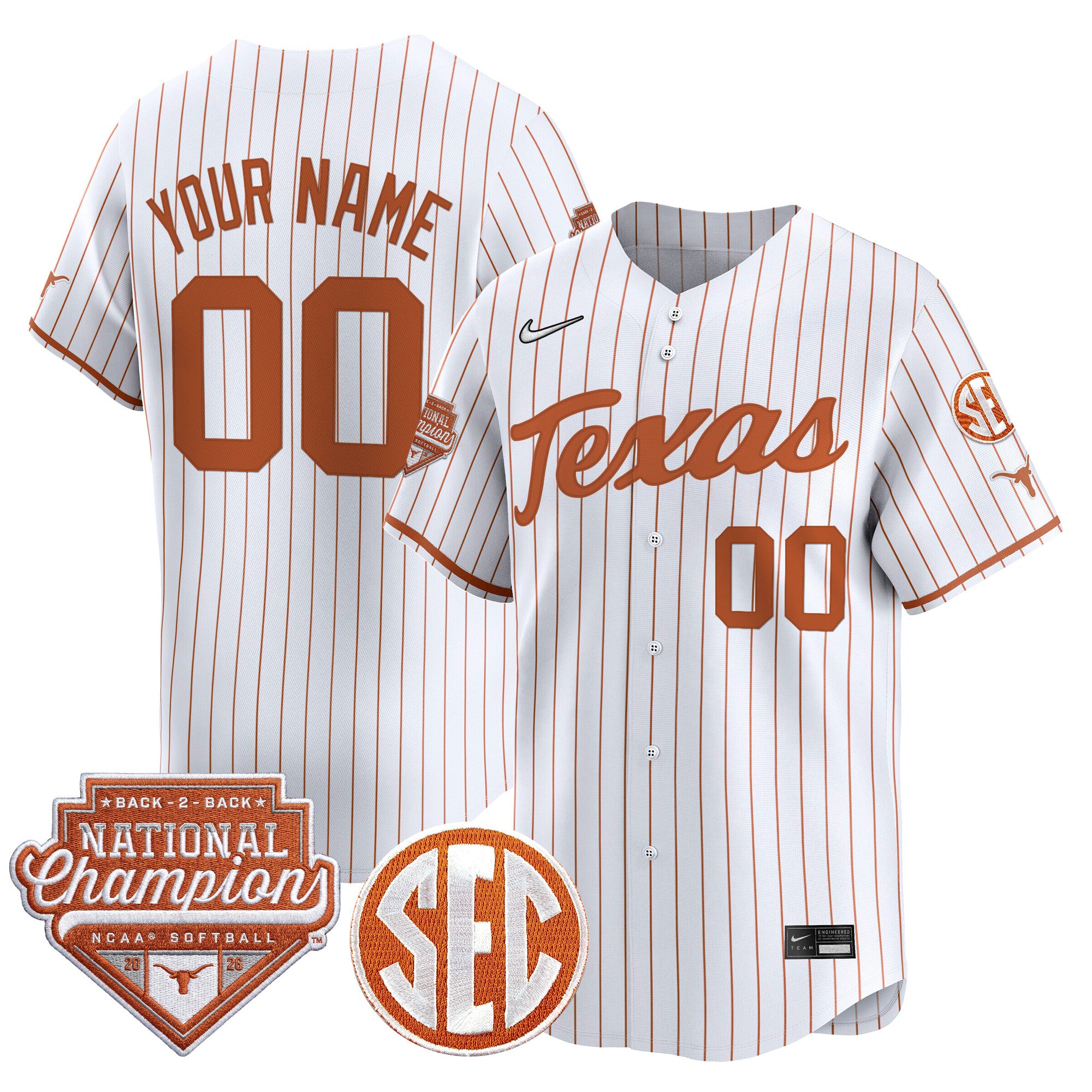 Texas Longhorns 2026 Back-To-Back World Series (WCWS) Champions Vapor Premier Limited Custom Jersey - All Stitched
