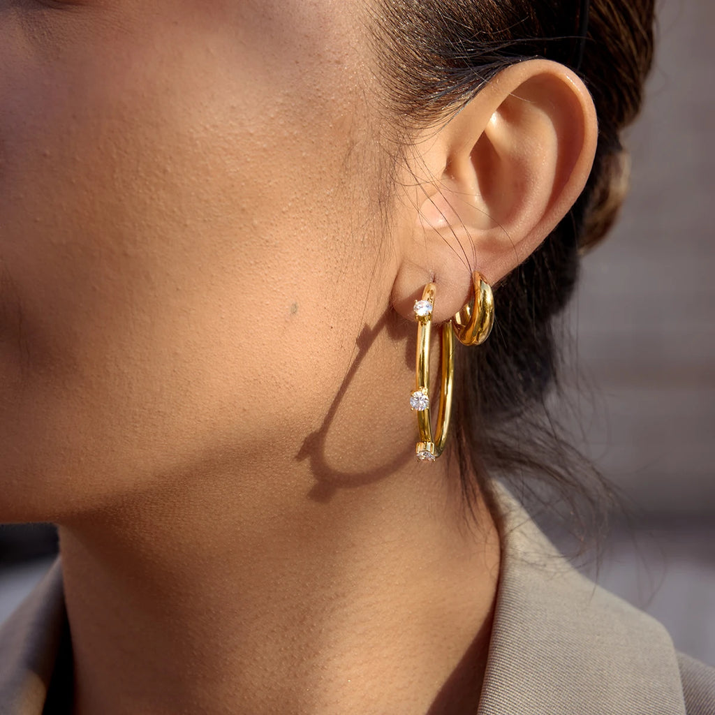 Uworld C-Ring Earring With White Zircon Big And Small Stacked Hoop Earrings For Women Delicate Gold Plated Stainless Steel Gift