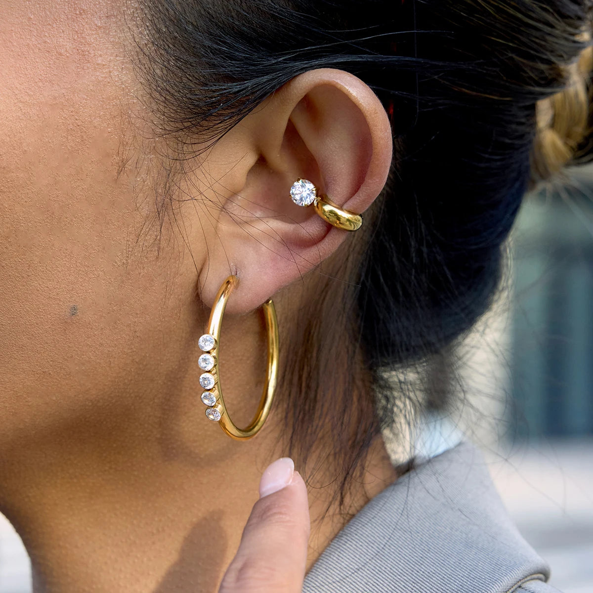 Uworld C-Ring Earring With White Zircon Big And Small Stacked Hoop Earrings For Women Delicate Gold Plated Stainless Steel Gift