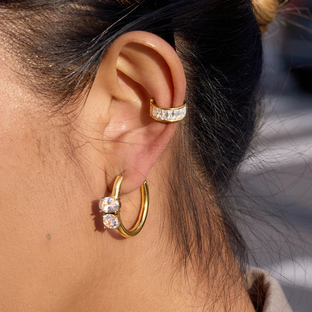 Uworld C-Ring Earring With White Zircon Big And Small Stacked Hoop Earrings For Women Delicate Gold Plated Stainless Steel Gift