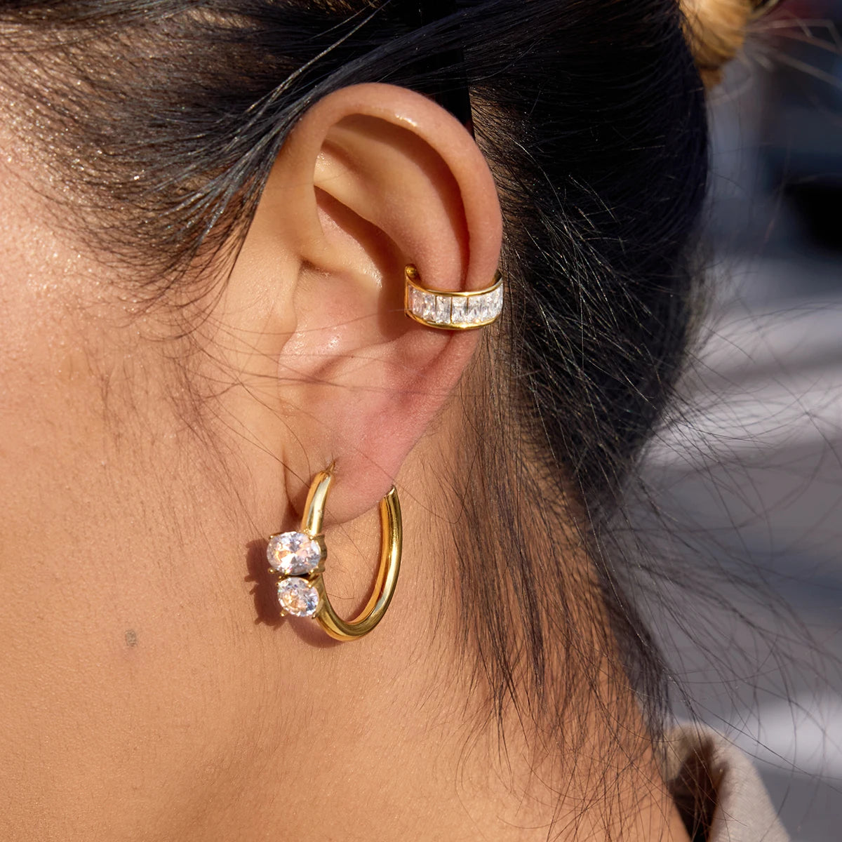 Uworld C-Ring Earring With White Zircon Big And Small Stacked Hoop Earrings For Women Delicate Gold Plated Stainless Steel Gift