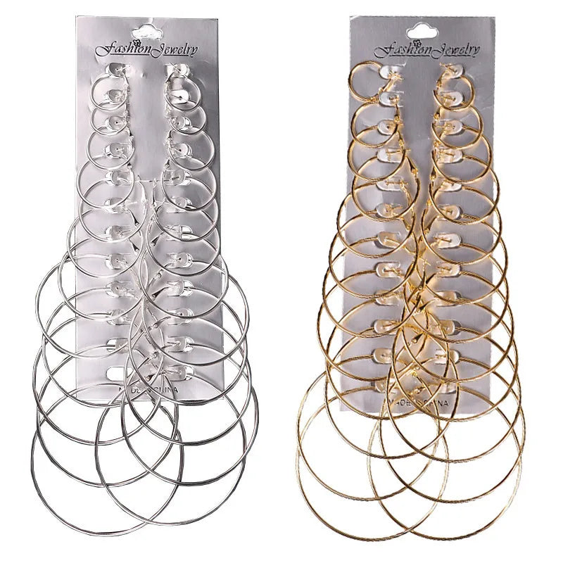 12Pairs/6Pairs Simple Punk Hoop Earrings Set Big Circle Earrings Jewelry for Women Girls Ear Hoops Earring Round Oversized